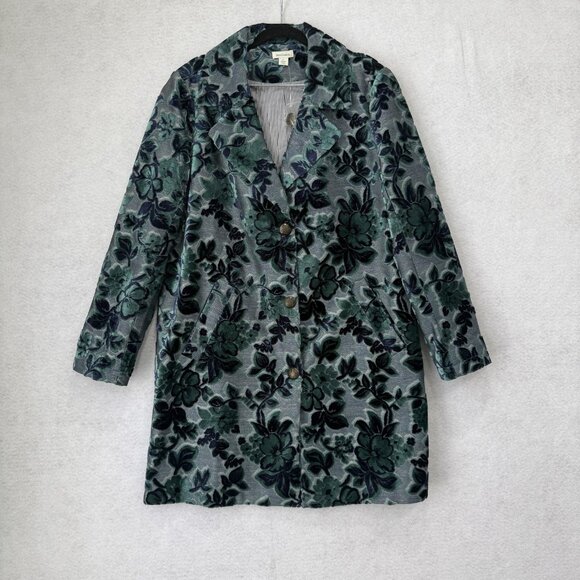 Sundance Coat Womens Large Blue Green Velvet Flocked Floral Button Pockets - Picture 1 of 9